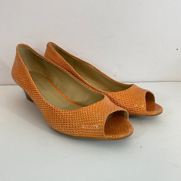 Arturo Chiang Rio Snake Melon Peep Toe Wedges Womens 6.5M Orange - Picture 2 of 7